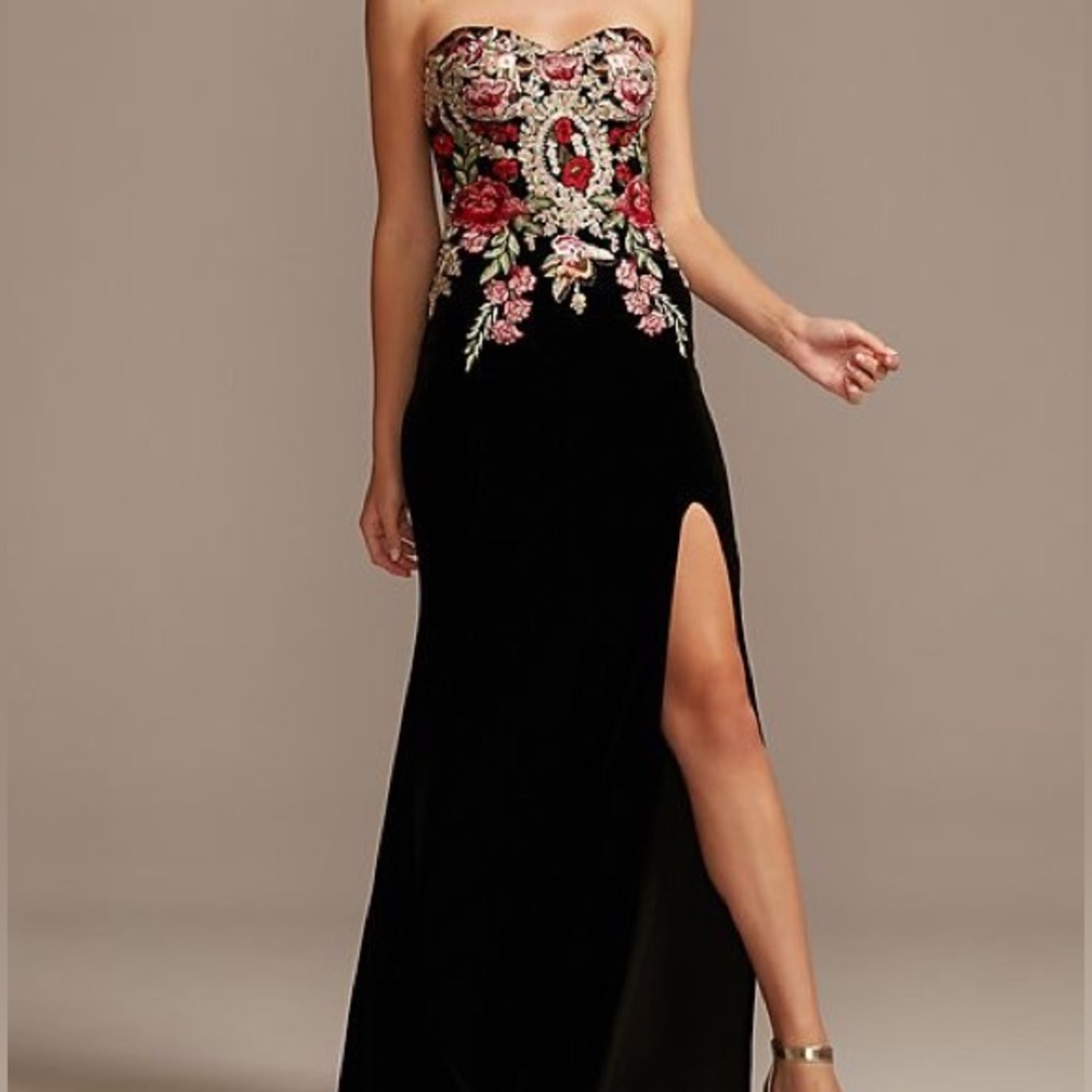 Blondie Nites Embroidered Velvet Strapless Sheath Gown